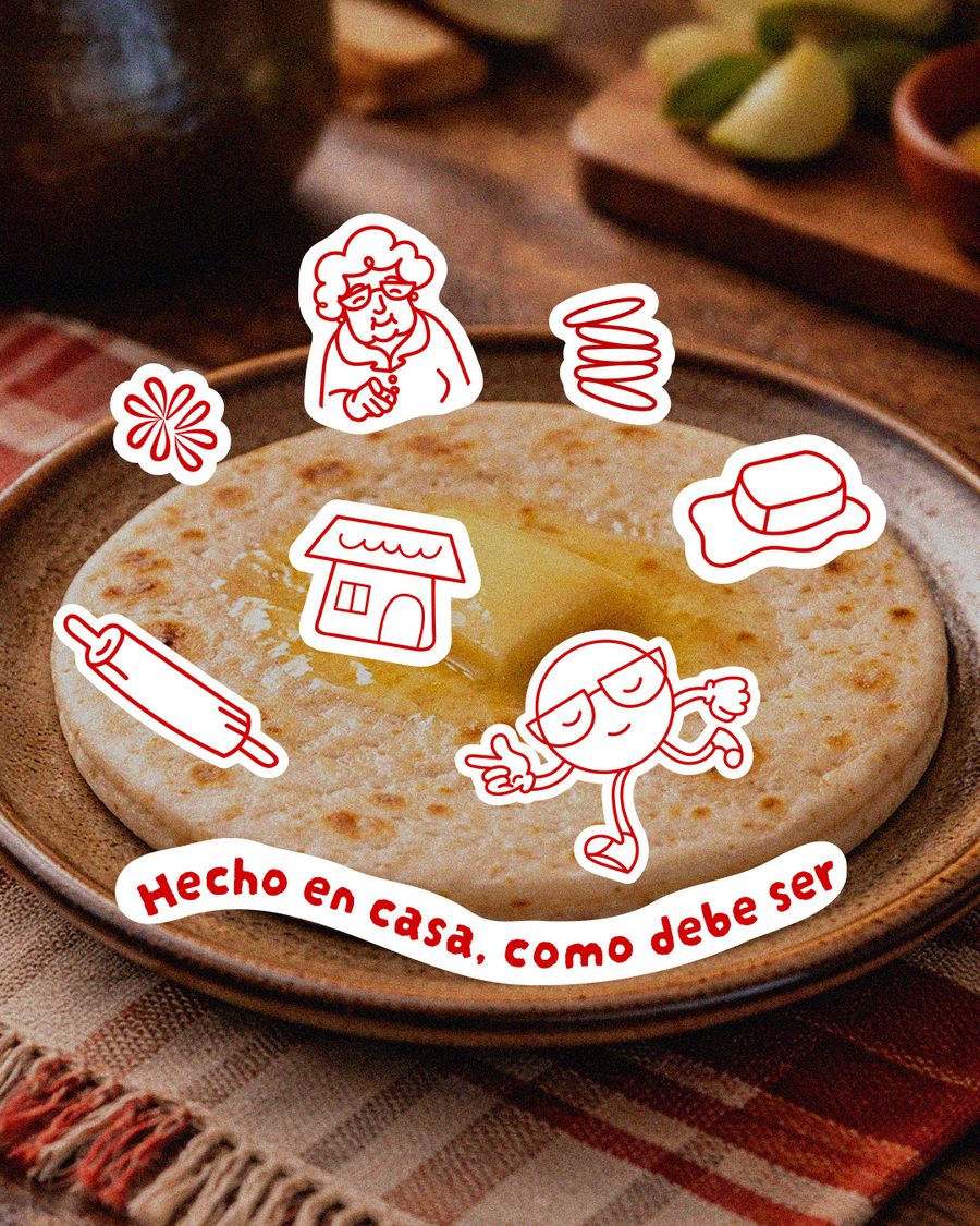 Arepa con stickers ilustrados de la marca