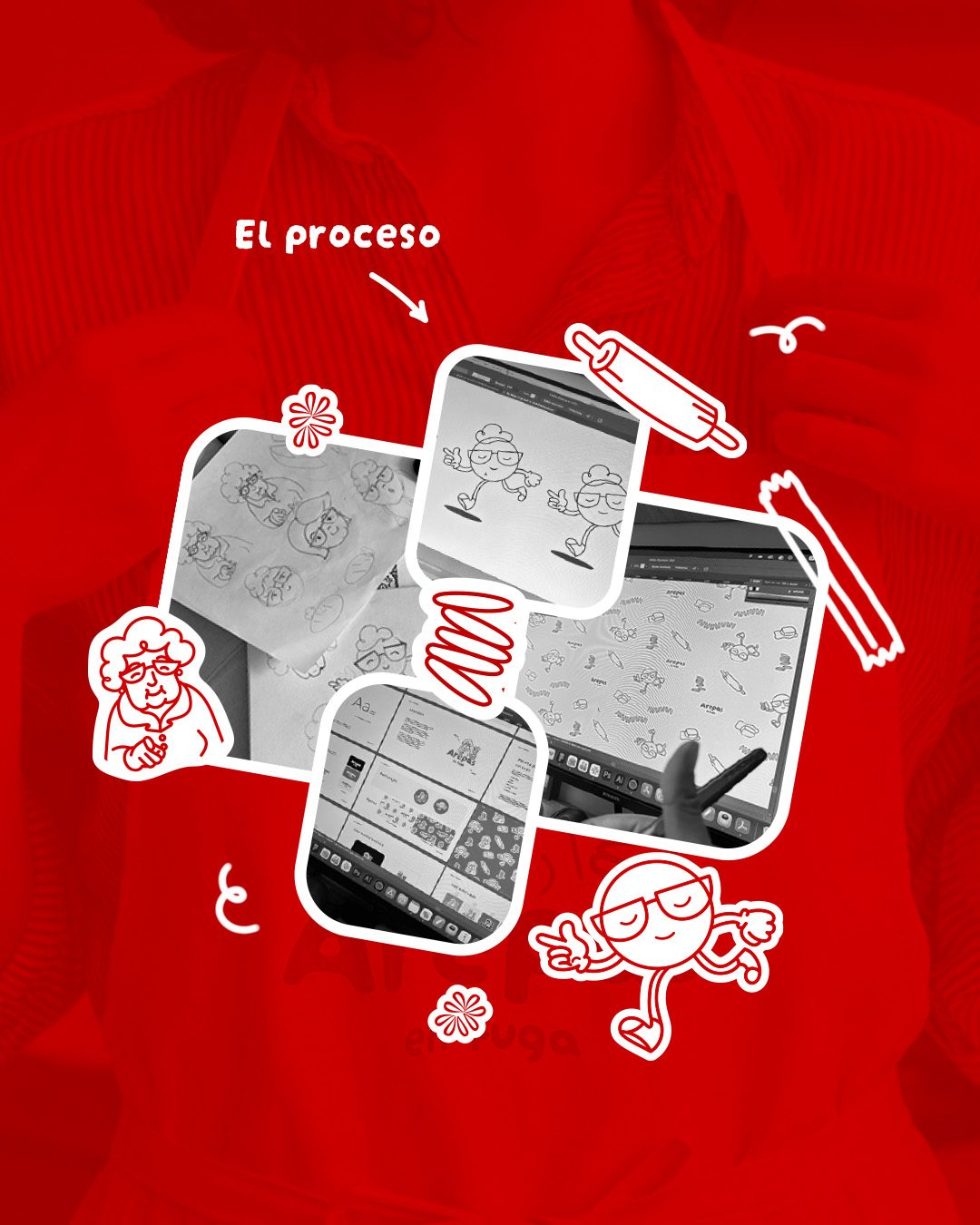 Proceso de diseño de la mascota e ilustraciones de Arepas en fuga