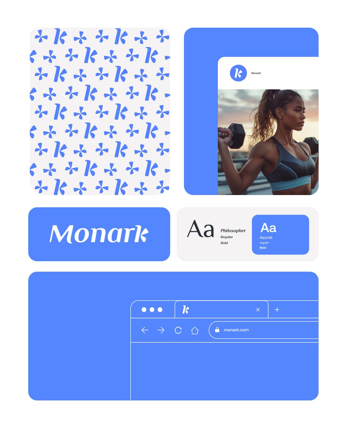 Tablero de marca Monark: patrón, tipografía y mockup de sitio web
